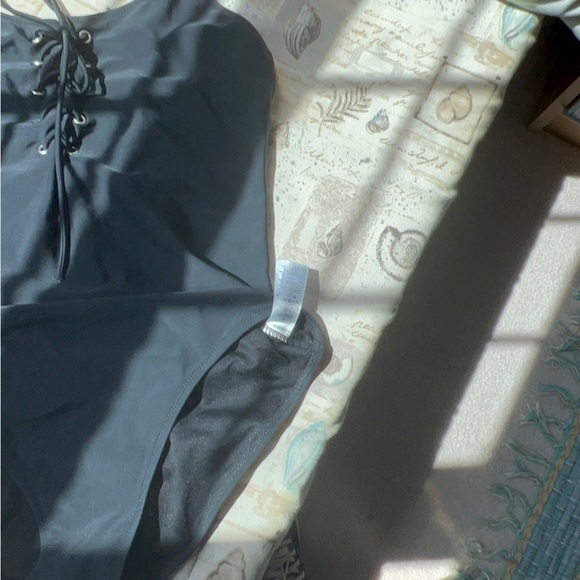 Large one piece swimsuit, black tie up at the bodice no cups - Picture 2 of 3